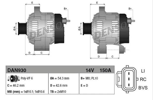 ALTERNATORE FORD C-MAX KUGA FIESTA FOCUS II 1.6 / 2.0 TDCi DENSO - DAN930 - Immagine 4 di 4