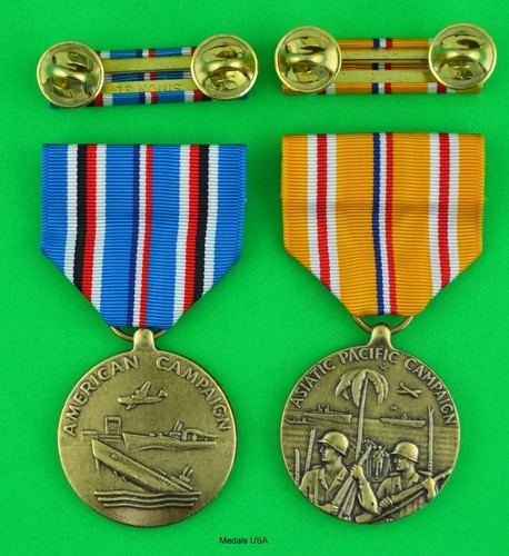 Segunda Guerra Mundial Campaña Americana y Campaña Asia Pacífico Medallas con Cintas Montadas - Imagen 1 de 2