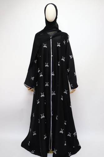 Dubai Abaya Open A-Line Buttons Muslim Dress Crinkle White Bow Stickerei Black - Bild 2 von 6