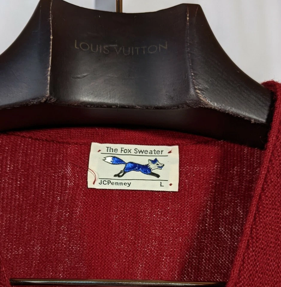 Suéter Tejido Rojo Carmesí Nerd Logo Fox Años 70 Vintage Hecho en Unión L JC Penney Foto 3 de 4