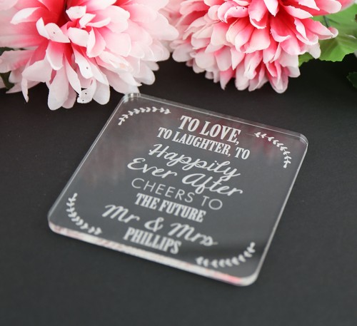 WEDDING COASTERS CLEAR ACRYLIC ROUND SQUARE PERSONALISED LASER ENGRAVED  - Picture 23 of 23