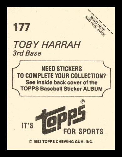 1982 Topps Stickers Toby Harrah Cleveland Indians #177 Centered Mint - Picture 2 of 2