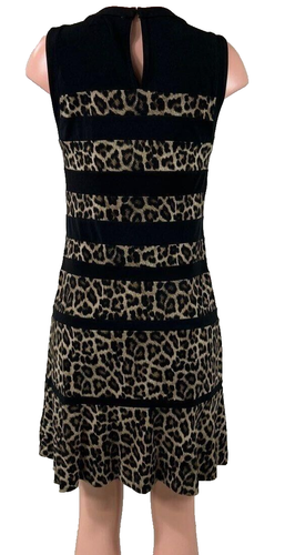 NUEVO Vestido de Cóctel Michael Kors Negro Marrón con Bandas Estampado de Leopardo Talla M Nuevo con Etiquetas - Imagen 2 de 4