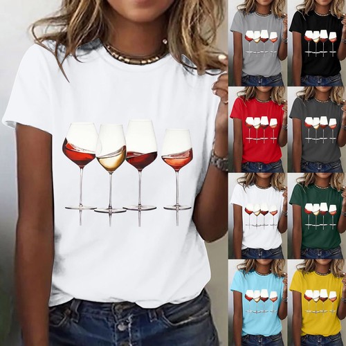 Women's Wine Glass Printed Shirt Short Sleeve Round Neck T Shirt Fashion Top