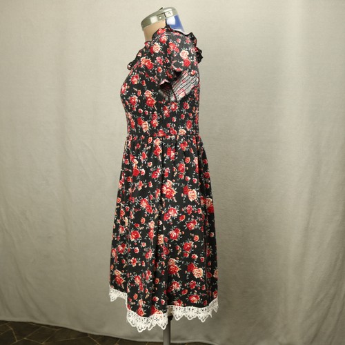 Bobbie Brooks Blumen Rosen gesmoktes knielanges Kleid Kurzarm schwarz rot XL - Bild 7 von 23
