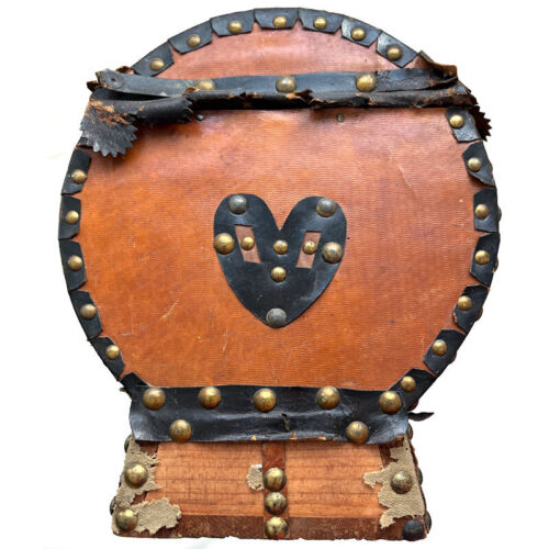 Rare Antique Leather Bound Log Trunk Brass Studs Hidden Compartment 19th Century - Picture 14 of 15