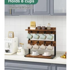 IBUYKE Coffee Mug Stand Holder – 2-Tier Rustic Countertop Organizer for 8 Mugs