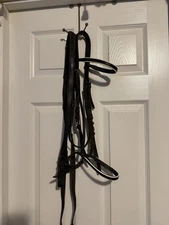 Full Size Black Leather White Piping Dressage Bride - skinny leather w/ Reins