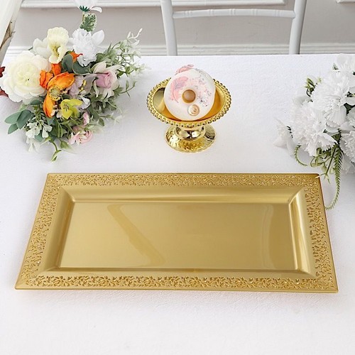 Gold 4 Plastic 14" Rectangle Serving Trays Lace Print Rim Design Party Events - Picture 5 of 9