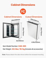 Lighted Medicine Cabinet with Mirror, 20 x 28 in Recessed or Wall Mount, 3 Color