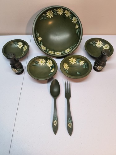 VTG Wood Salad Bowls Full Set Woodcroftery Daisy Cottage Salt/Pepper Kitchen - Picture 3 of 8
