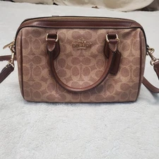 Coach Rowan Satchel Brown Cream Tan Classic Logo Canvas Shoulder Bag CV961