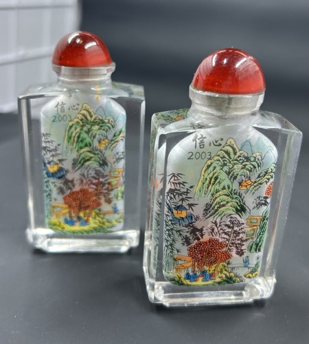 Menge 2 alte chinesische umgekehrt bemalte Glas Schnupftabakflaschen Landschaft signiert - Bild 1 von 9