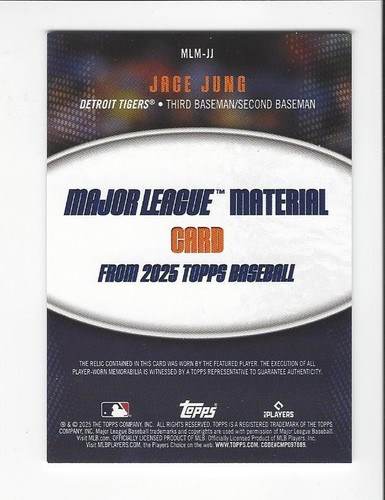 Tarjeta de material de las Grandes Ligas 2025 Topps Serie 1 parche Jace Jung #MLM-JJ! Reliquia - Imagen 2 de 2