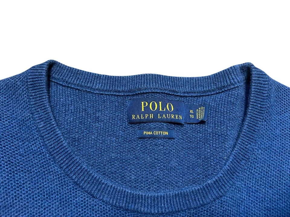 Polo Ralph Lauren 蓝色皮马棉圆领毛衣男式 XL 码红色小马 — 第 3/4 张图片