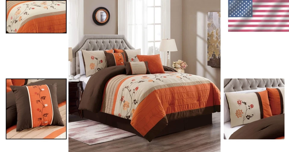 Elegante Juego de Edredón King 7 Piezas con Bordado Floral en Suave Tonos Otoñales Foto 2 de 4