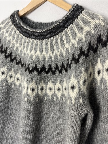 Maglione pullover nordico vintage lavorato a mano taglia L/XL 44" 100% lana Fair Isle grigio usato in ottime condizioni - Foto 2 di 8