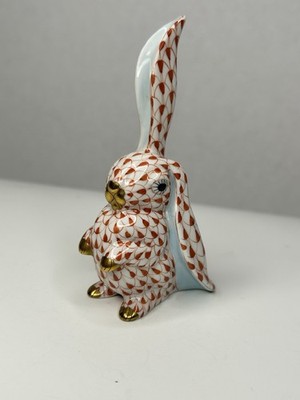Herend Hungary Porcelain Rabbit Figurine   One Ear Up-Red Fishnet-