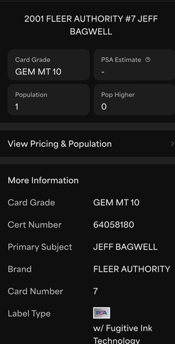 2001 FLEER AUTH⚾️JEFF BAGWELL#7 PSA 10💰POP 1 (R/C) HOF ASTROS LEGEND ONLY 1 !👈 - Picture 3 of 3