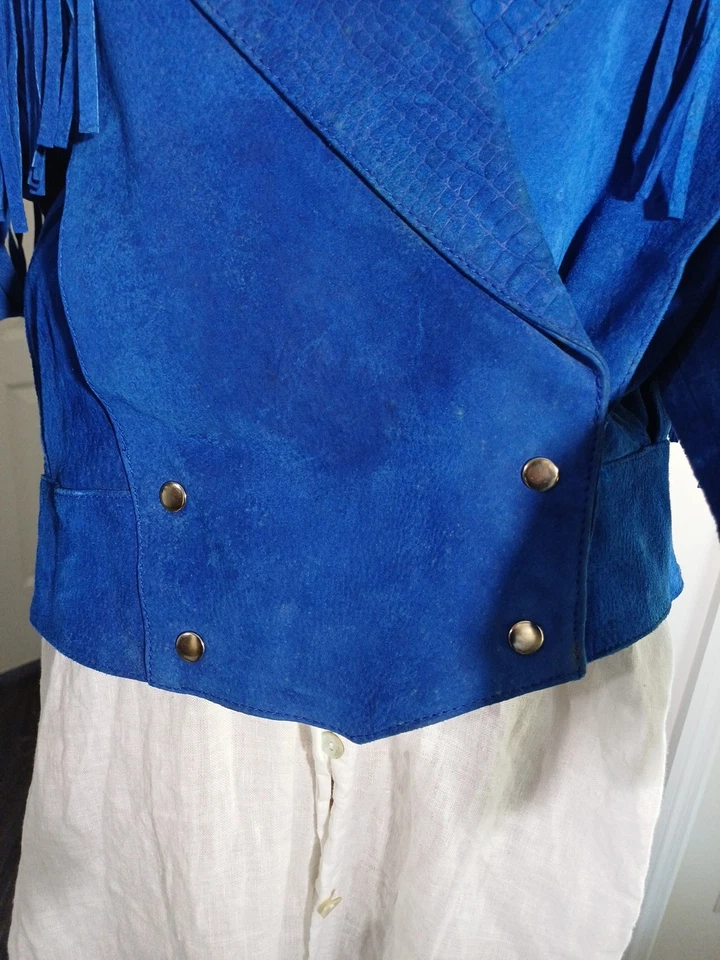 Chaqueta Vaquera Vaquera Vintage Años 80 Azul Brillante Gamuza Flecos Foto 4 de 4