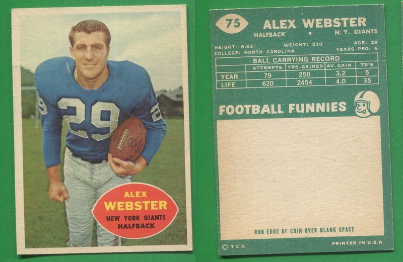 1960 Topps Football ~~~ ALEX WEBSTER ~~~ No. 75 ~~~ Free S/H