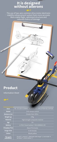 YXZNRC F06 EC135 RC Helicopter 2.4G 6CH 6 Axis Gyro Brushless 3D Flybarless 1:36 - Picture 3 of 20