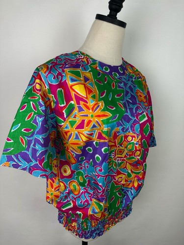 Vintage 90s Colorful Party Blouse S Abstract Floral Geometric Print Jewel Tone - Picture 8 of 12