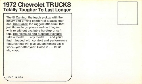 1972 Chevrolet Trucks El Camino Blazer Stepside Vtg Dealer Advertising Postcard - Picture 2 of 2