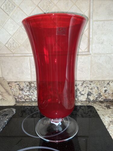 LSA International 13" Ruby Red Vase Candle Holder Mouth-Blown Made in Poland   - Afbeelding 1 van 4