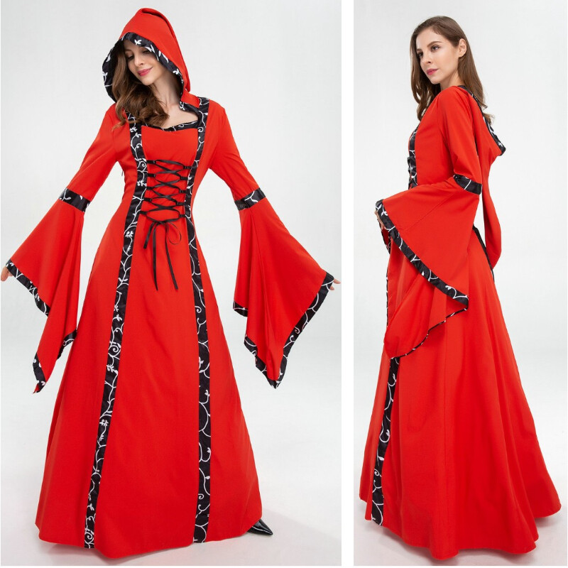 Lady Medieval Gown Maxi Dress Long Hooded Bell Sleeve