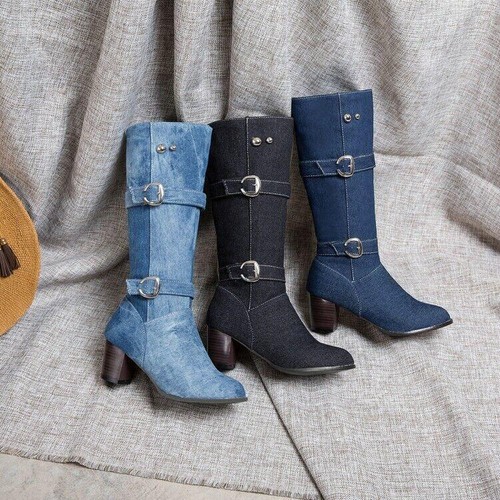 Womens Mid Block Heel Round Toe Mid Calf Cowboy Shoes Denim Buckle Western Boots - Picture 4 of 17