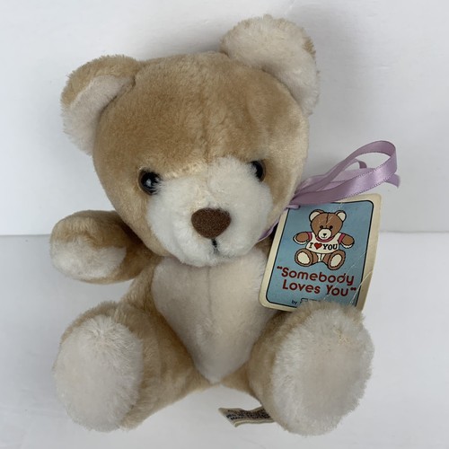 Swib 1984 Teddy Bear Plush 6" Stuffed Animal Vintage Purple Ribbon Somebody Love - Picture 1 of 9
