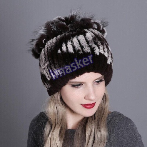 Winter Damen Echt Rex Kaninchenfell Strick Beanie Mütze Warm Mode Western Freizeit - Bild 22 von 52
