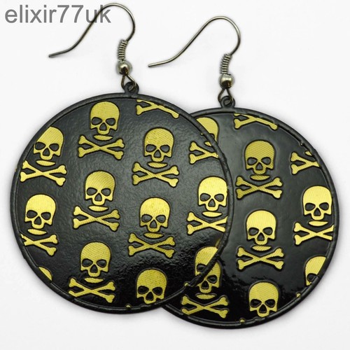 NEW PAIR OF GOLD SKULL BLACK DROP DANGLE HOOP PUNK GOTHIC ROCK BIKER EARRINGS UK - Picture 12 of 24