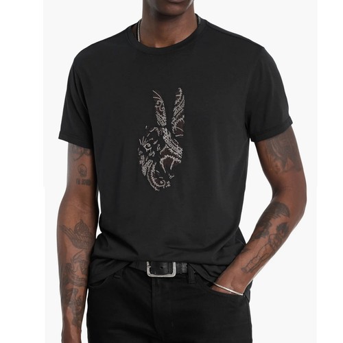 John Varvatos Men's Peace Sign Embroidery Burnout Fabric Crew T-Shirt Black - Picture 1 of 6