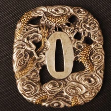 Dragon Tsuba Gold & Silver Plated Brass Hand Guard for Katana Wakizashi Tanto