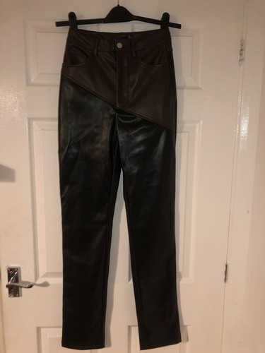 BNWT BOOHOO Stunning Chocolate & Black Colour Block Leather Look Trousers UK 8