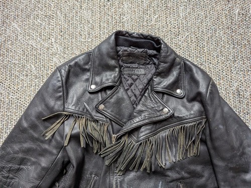 vintage HARLEY DAVIDSON motorcycle jacket 42 black leather M western FRINGE mc - Picture 7 of 15