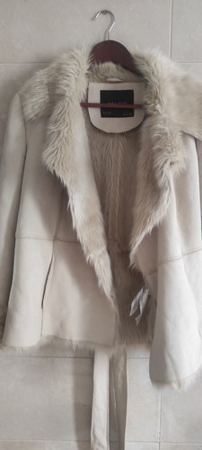 Zara White Cream Faux Suede Leather Fury Shearling Belted Coat Jacket Size S - Bild 17 von 24