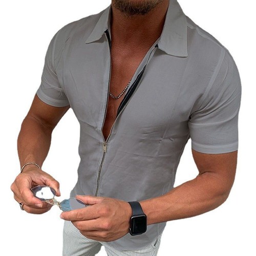 Casual Collared Zip Sleeve T Shirts Blouse Short Fashion Breathable Tee Men Tops - Bild 12 von 22