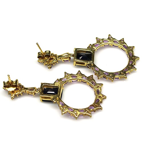 925 Sterling Silver Blue Sapphire & Purple Amethyst Earrings 18K Gold Plated - Picture 3 of 4