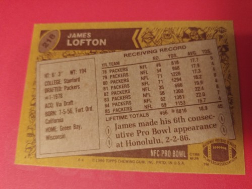 1986 Topps James Lofton #218 Green Bay Packers - Picture 2 of 2