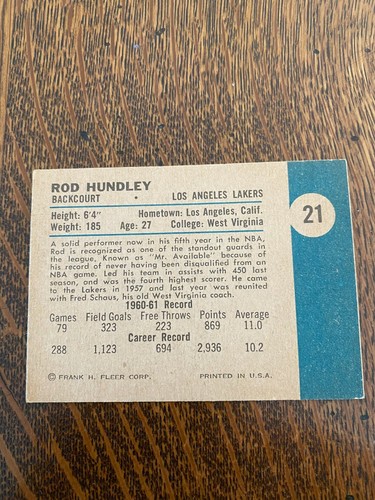 ROD HUNDLEY 1960-61 FLEER #21 - Bild 2 von 2