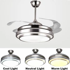 Invisible 42"Dimmable Ceiling Fan Light Retractable Blade Dining Room Chandelier