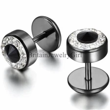 Black Silver Tone Men Barbell Punk Stainless Steel Rhinestone Stud Earrings 2PCS