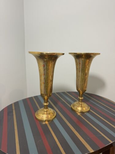 Vintage Set of 2 Brass Etched Carved Vases Candle Holders 10.5” - Picture 12 of 24
