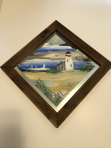 GSK Painted Mirror Lighthouse Scene Sailboats Birds By Norm Klumpstra Signed - Picture 4 of 6