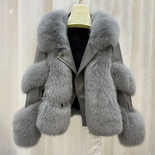 Pelzmantel Luxus Mode Winter Leder Patchwork Damen Jacke Mode Outwear - Bild 3 von 11