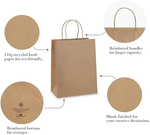NEW 100 pcs 8 Inch kraft Paper Gift Bags with Handles Holiday Wedding Birthday - Picture 38 of 62