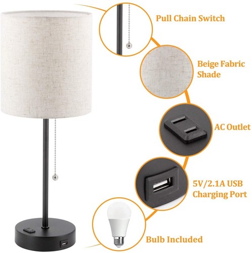 Bedside Lamps (2) , 2700K-5000K USB Table Lamps with Pull Chain for Nightstand - Picture 4 of 6